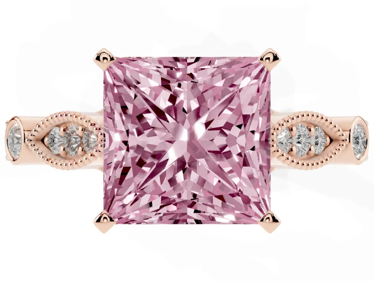 Fancy Pink Princess Cut Cut Diamond with Milgrain Marquise and Bezel Accents on a Solitaire Band with Prong Setting Rose gold