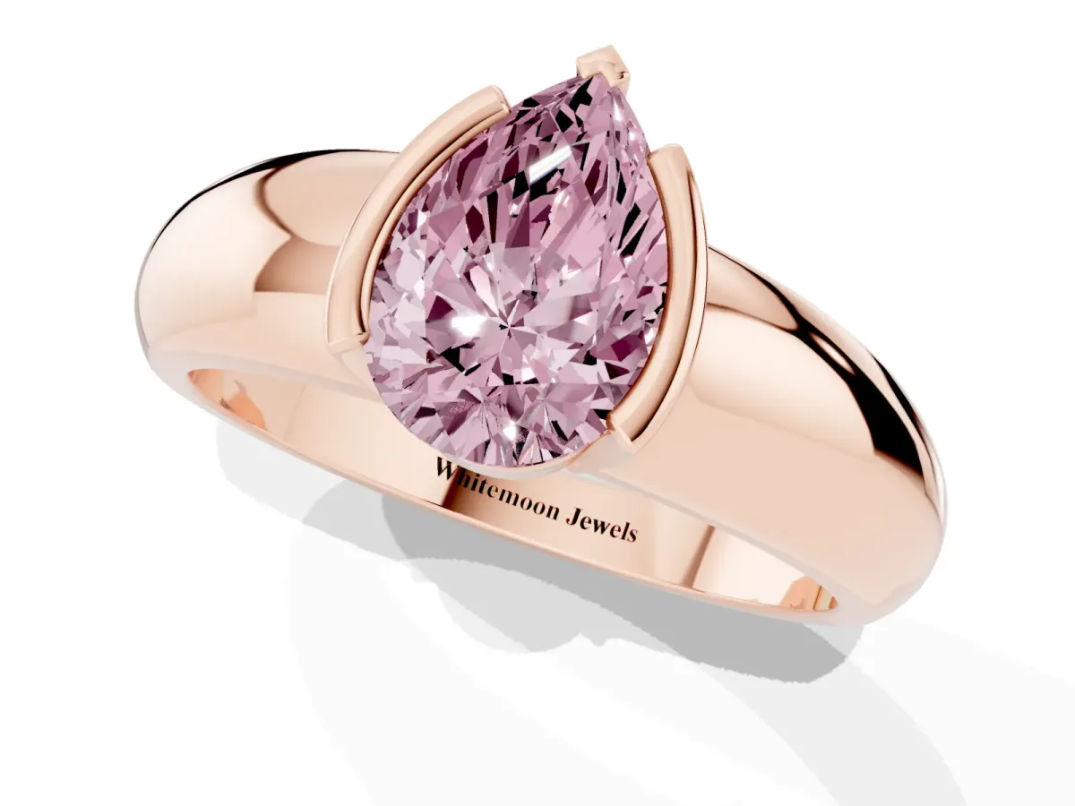 Fancy Pink Pear Cut Solitaire Tension Set Diamond Ring with Wide Band Rose gold