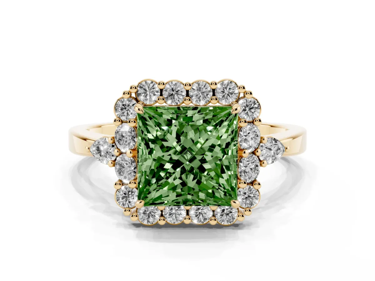 Fancy Green Princess Cut Diamond Halo Ring with Pear Side Stones and Prong Setting Yellow gold