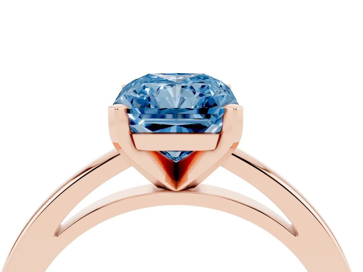 Fancy Blue Radiant Cut Solitaire Diamond Engagement Ring with Four-Prong Setting on a Classic Band Rose gold