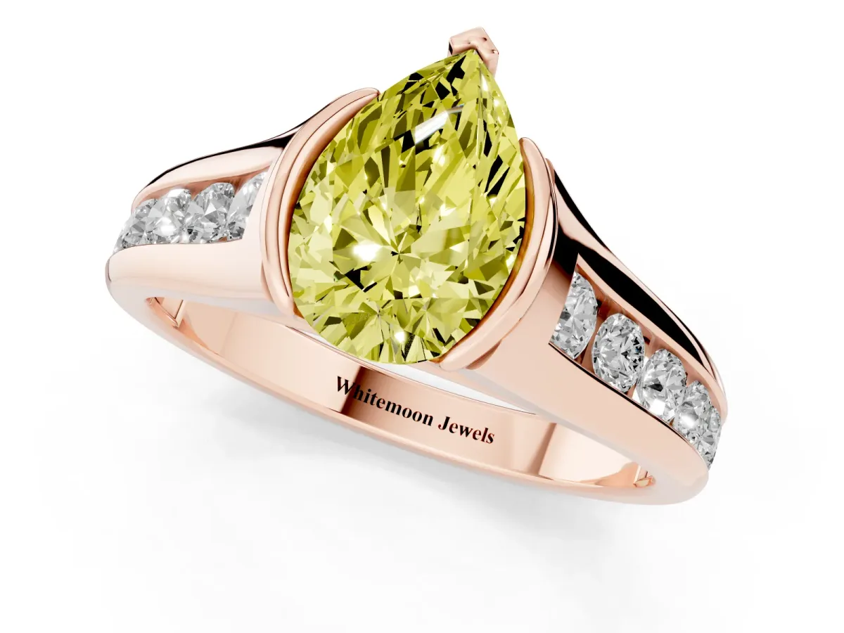 Fancy Yellow Pear Cut Solitaire Bezel-Set Diamond Ring with Channel-Set Band Rose gold