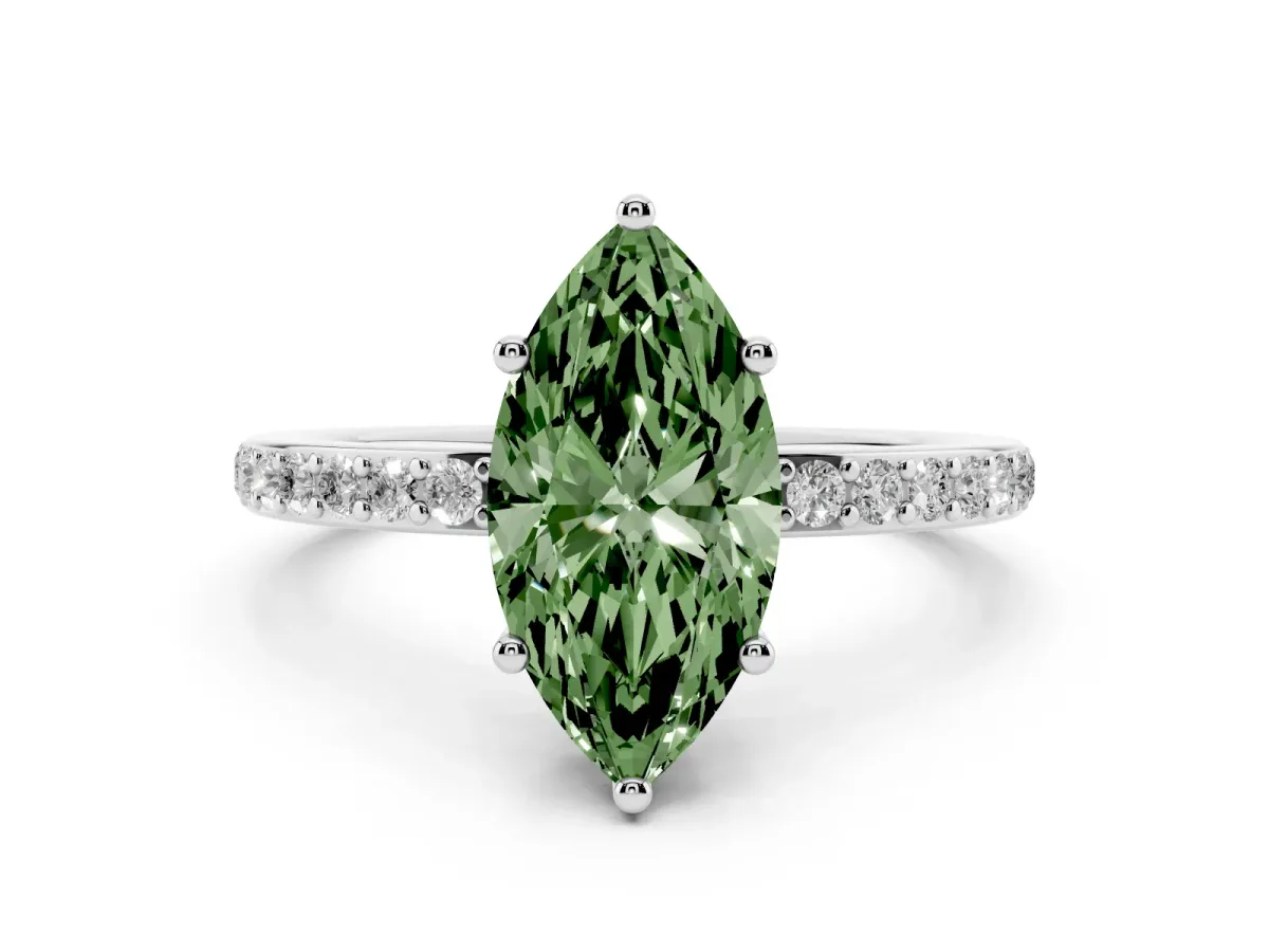 Fancy Green Marquise Cut Cut Diamond Pavé Band Ring with Four-Prong Setting Silver