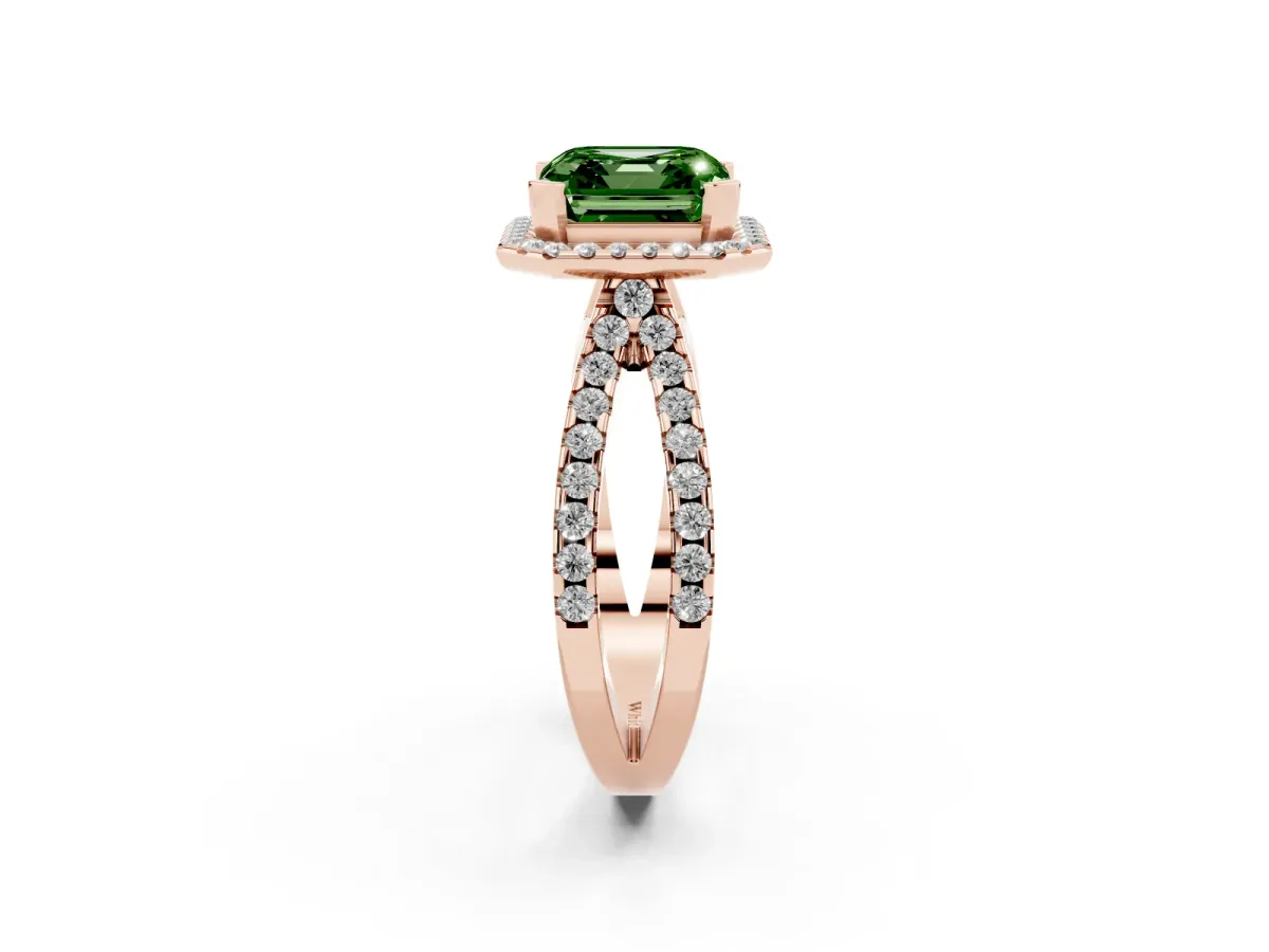 Fancy Green Asscher Cut Diamond Halo Ring with Split Shank Pavé Band and Prong Setting Rose gold