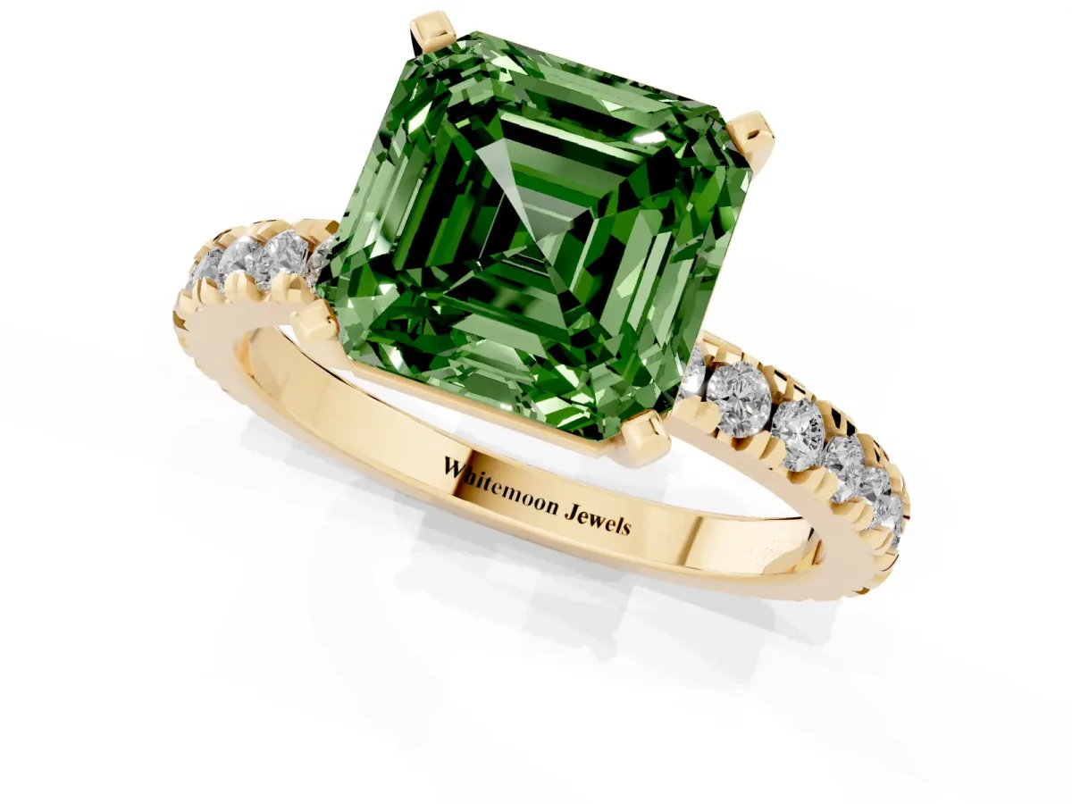 Fancy Green Asscher Cut Diamond Pavé Band Solitaire with Four-Prong Setting Yellow gold