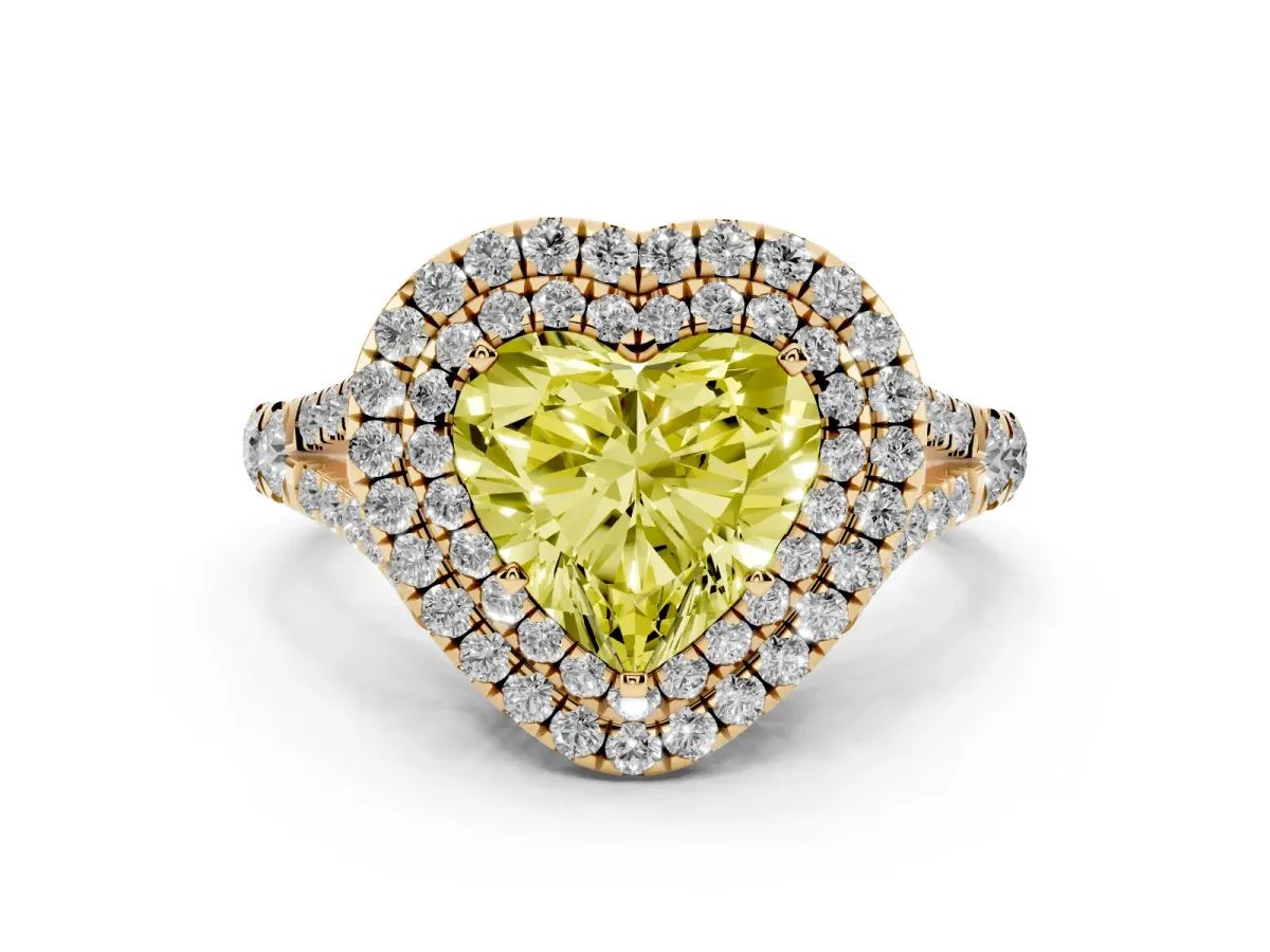 Fancy Yellow Double Halo Heart Cut Diamond Split Shank Engagement Ring with Four-Prong Setting Yellow gold
