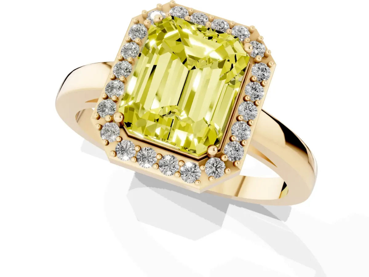 Fancy Yellow Radiant Cut Halo Diamond Ring with Solitaire Band and Prong Setting Yellow gold