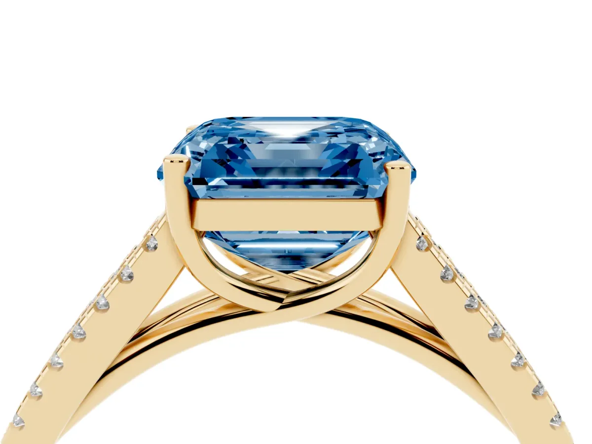 Fancy Blue Asscher Cut Diamond Solitaire Engagement Ring with Split Shank Pavé Band Yellow gold