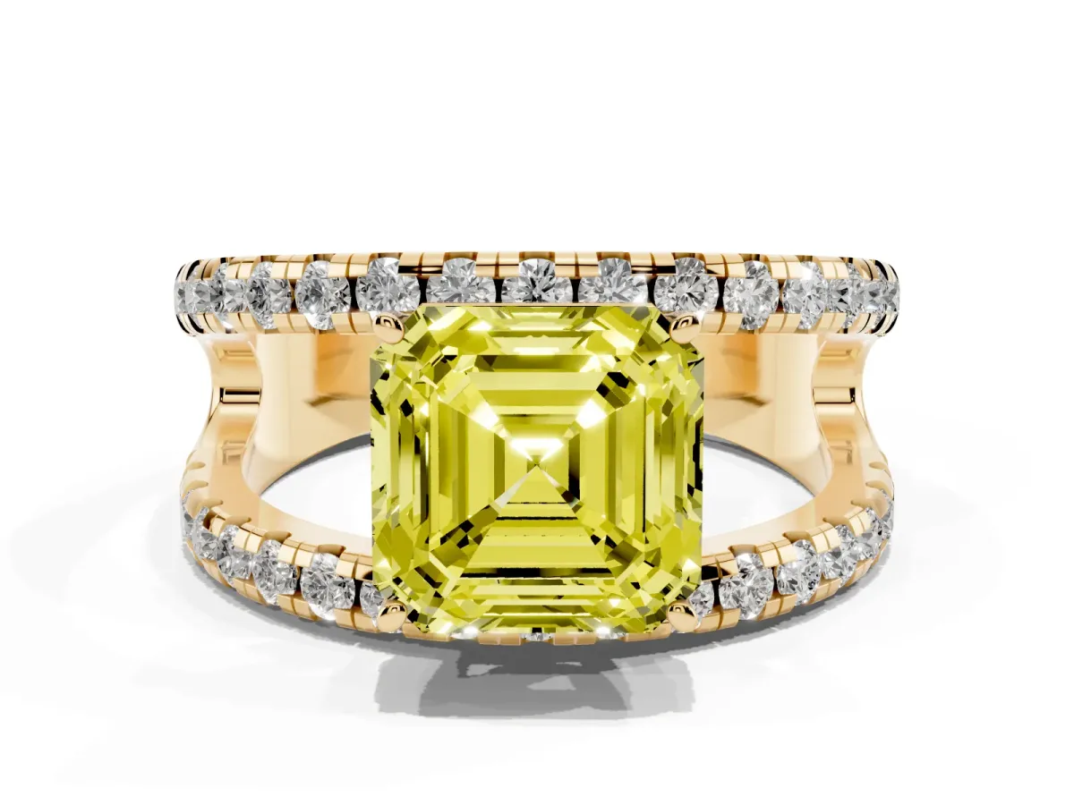 Fancy Yellow Asscher Cut Solitaire Split Shank Pave Diamond Ring Yellow gold