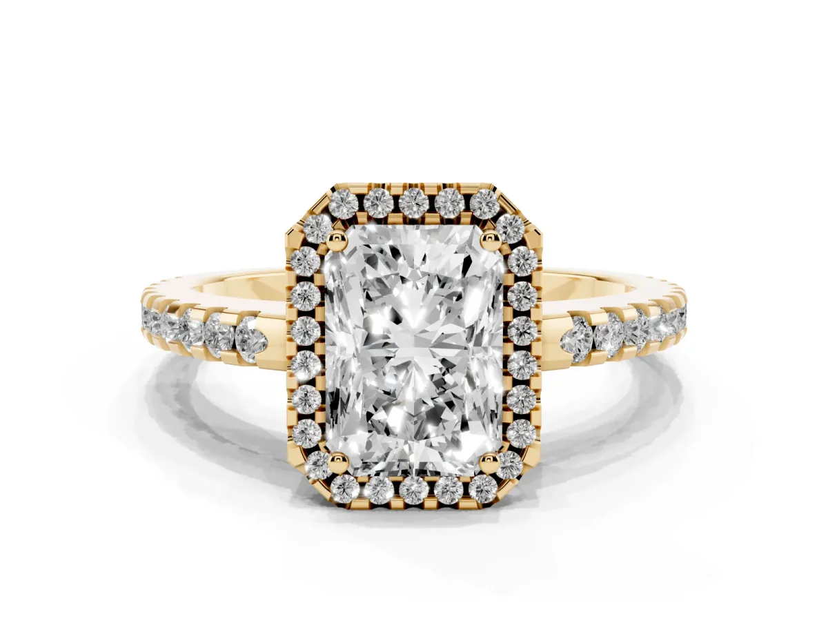 Radiant Cut Diamond Halo Engagement Ring with Pavé Band and Prong Setting Yellow gold