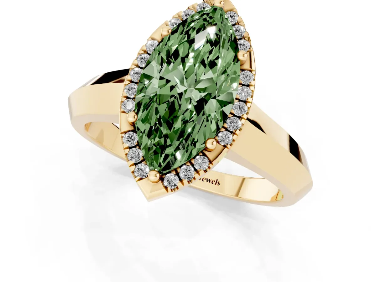 Fancy Green Marquise Cut Halo Diamond Ring with Cathedral Band and Four-Prong Setting Yellow gold