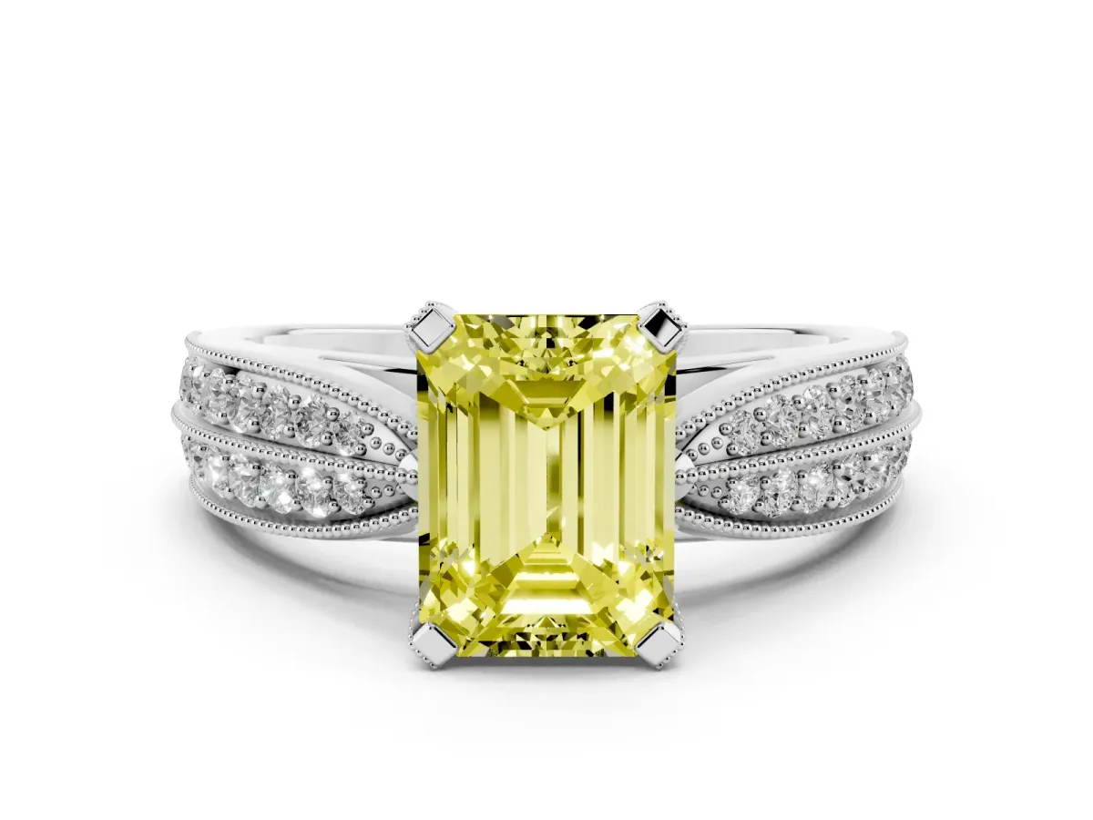 Fancy Yellow Emerald Cut Diamond Solitaire Ring with Milgrain Round Pavé Band and Prong Setting Silver
