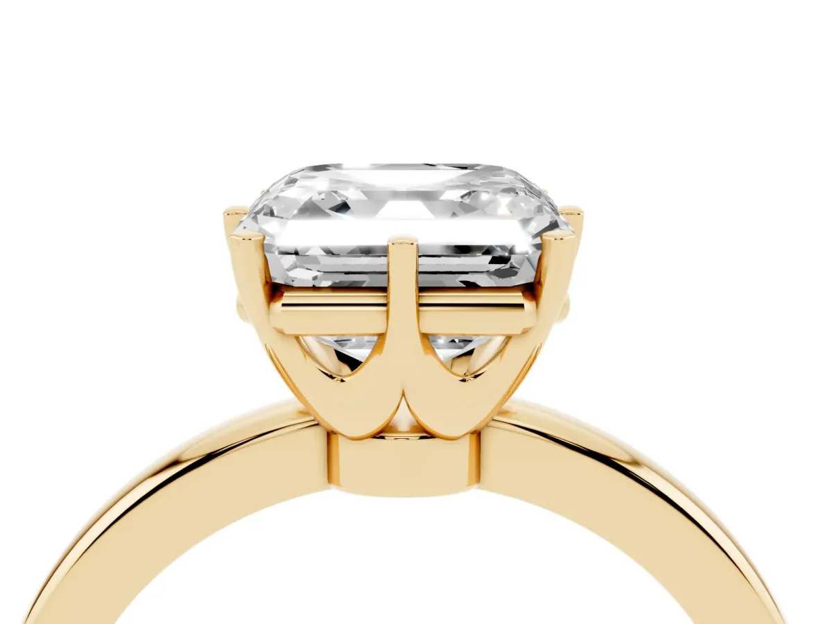 Asscher Cut Solitaire Diamond Ring with Six-Prong Setting on a Classic Band Yellow gold