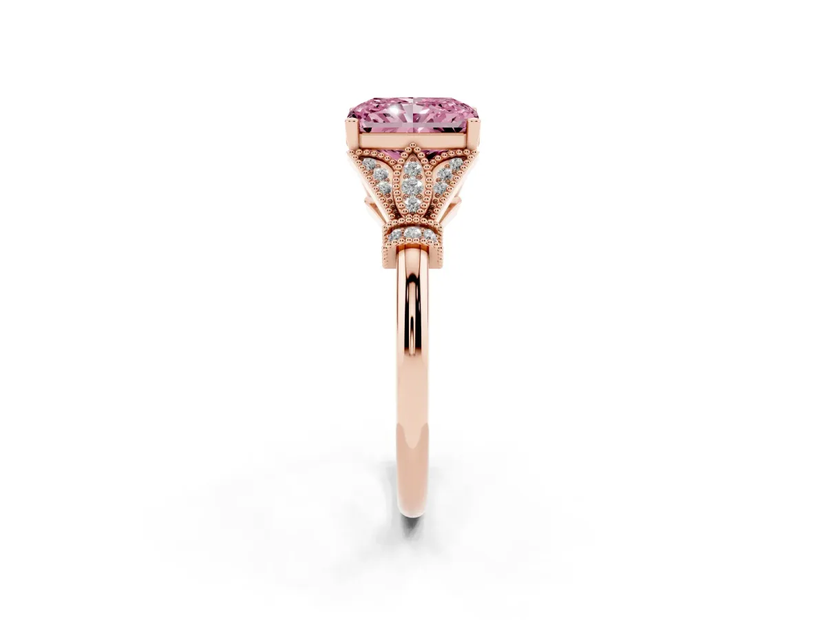 Fancy Pink Radiant Cut Diamond Solitaire Ring with Floral Filigree and Pave Accents Rose gold