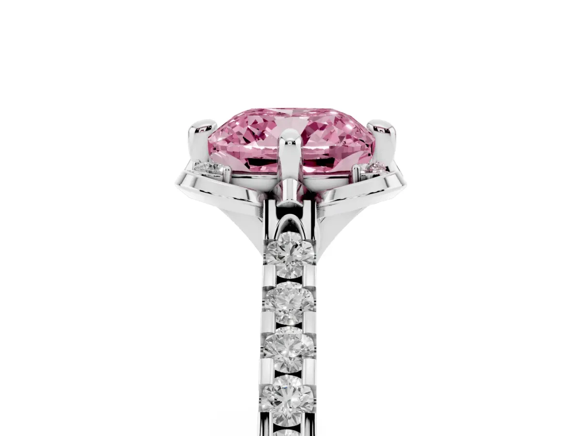 Fancy Pink Cushion Cut Diamond Ring with Pavé Band and Floral Prong Setting Platinum