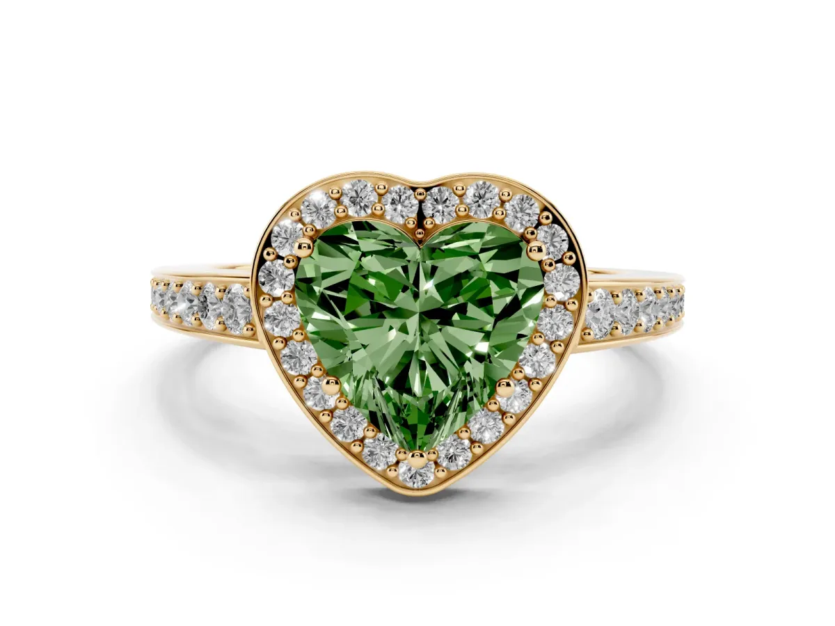 Fancy Green Heart Cut Halo Pavé Diamond Engagement Ring with Bezel Setting Yellow gold