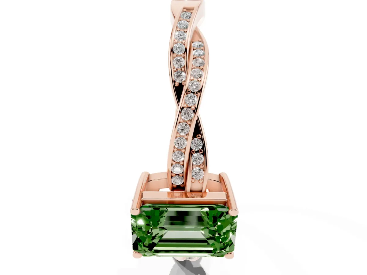 Fancy Green Emerald Cut Solitaire Twisted Pave Diamond Ring with Four-Prong Setting Rose gold