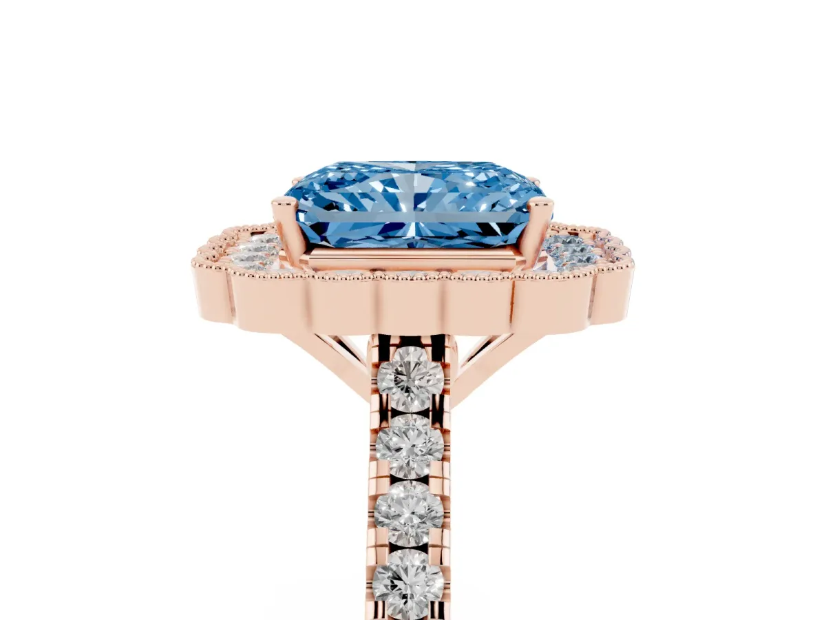 Fancy Blue Radiant Cut Cut Diamond Milgrain Floral Halo Engagement Ring with Pavé Band Rose gold