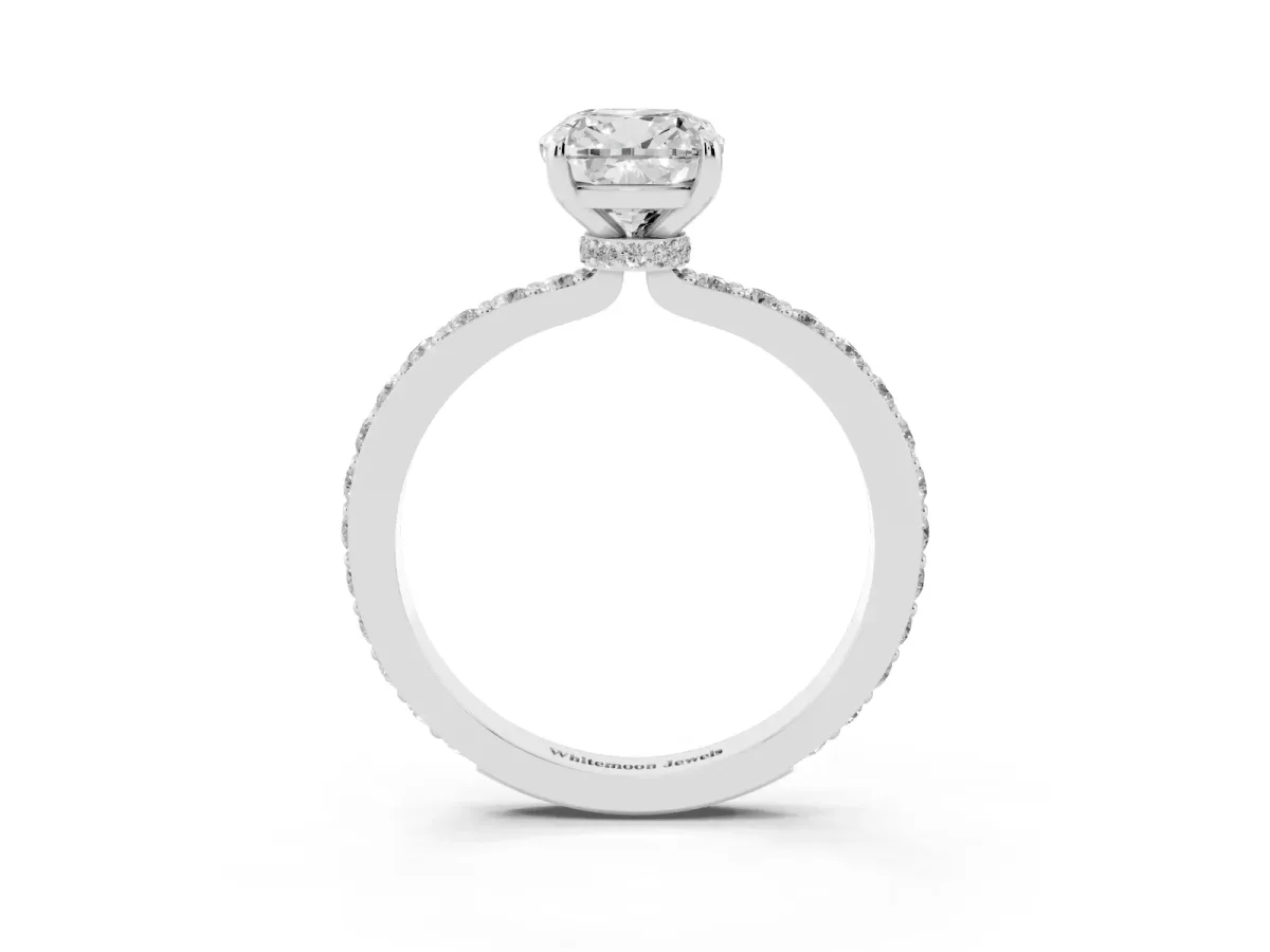 Cushion Cut Diamond Pavé Engagement Ring with Round Accents and Prong Setting Platinum