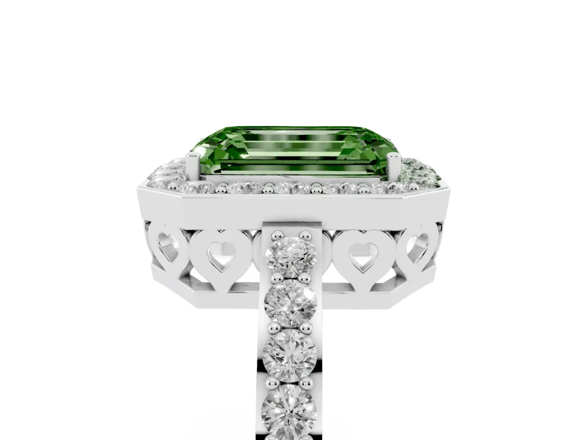 Fancy Green Emerald Cut Halo Diamond Pavé Band Ring with Prong Setting Silver