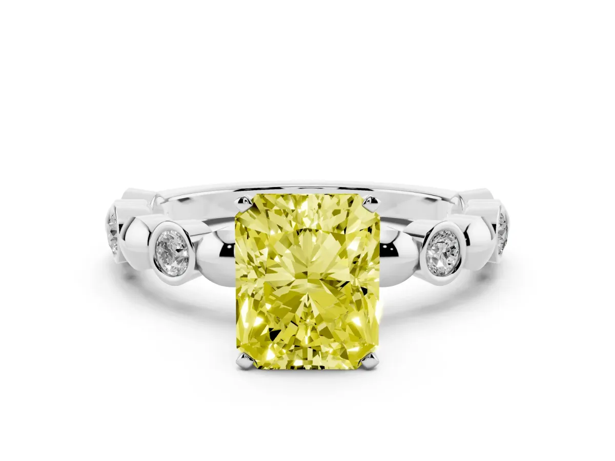 Fancy Yellow Radiant Cut Solitaire Bezel-Set Diamond Ring with Beaded Band and Four-Prong Setting Silver