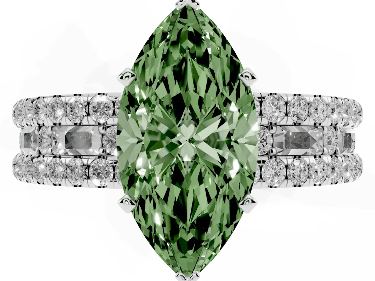 Fancy Green Marquise Cut Diamond Solitaire Ring with Pavé and Channel Set Band Platinum