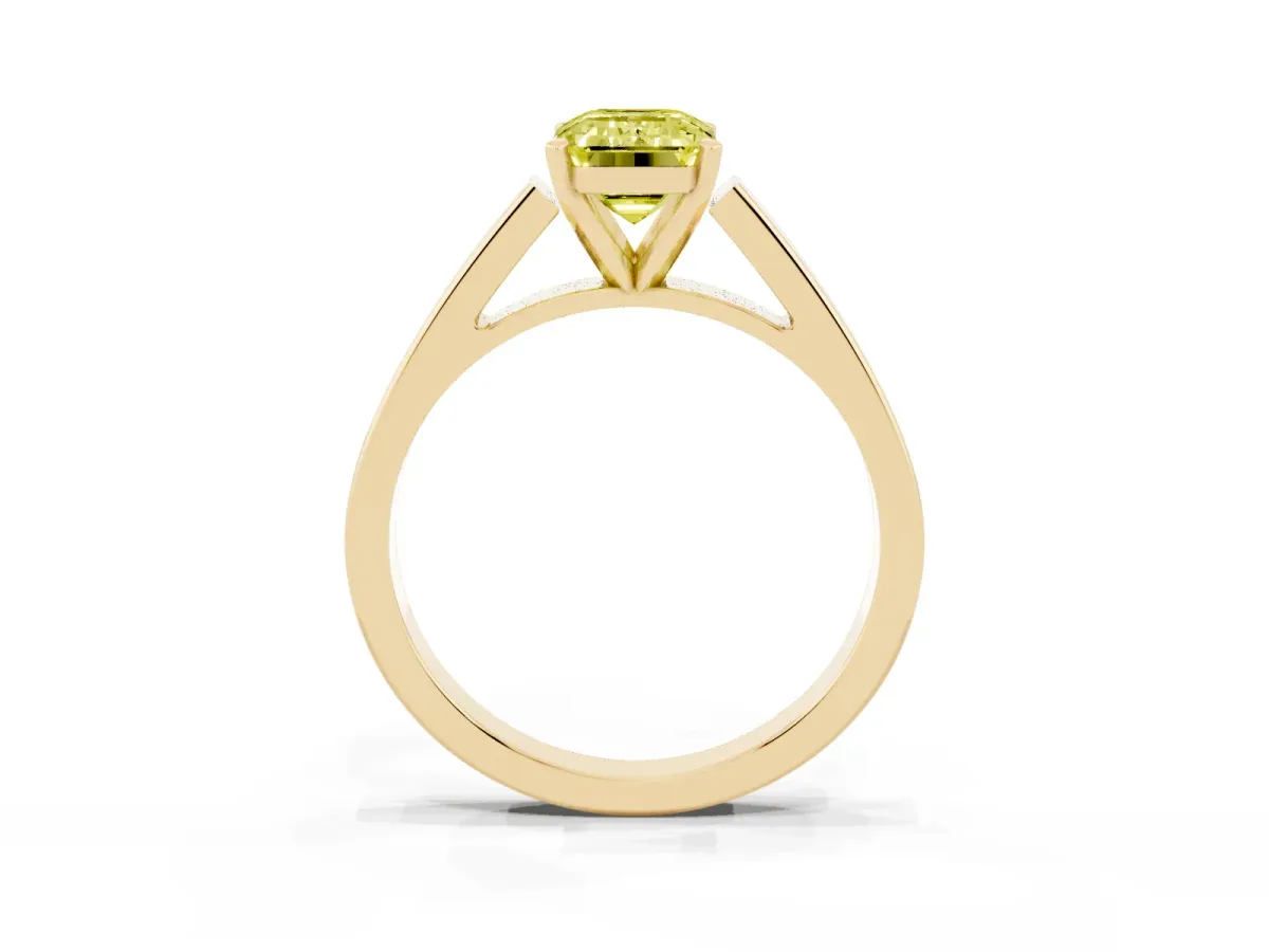 Fancy Yellow Emerald Cut Solitaire Engagement Ring with Four-Prong Setting and Tapered Band Yellow gold