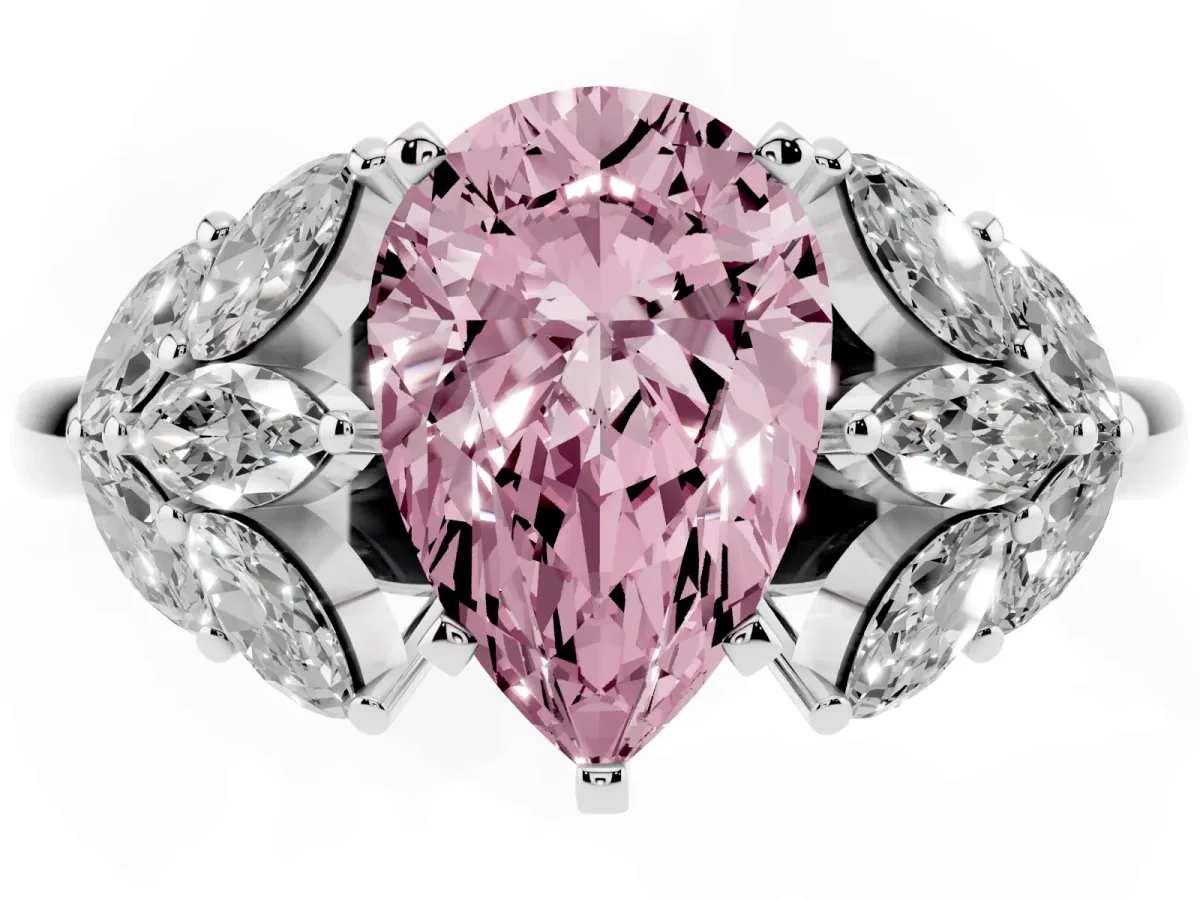 Fancy Pink Pear Cut Diamond Cluster Leaf Design Ring with Prong Setting Silver