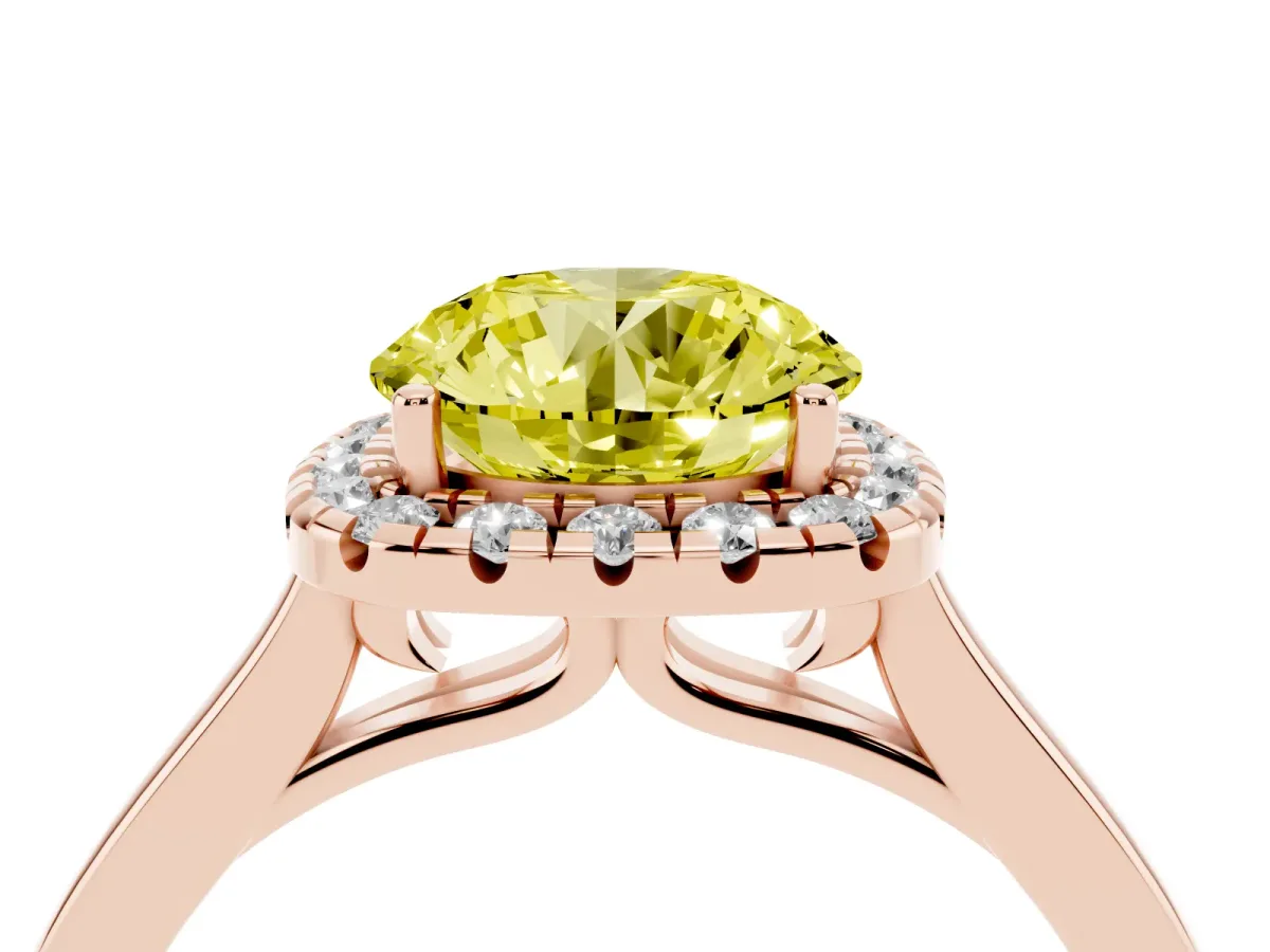 Fancy Yellow Round Cut Halo Round Diamond Solitaire Ring with Pavé Band and Four-Prong Setting Rose gold