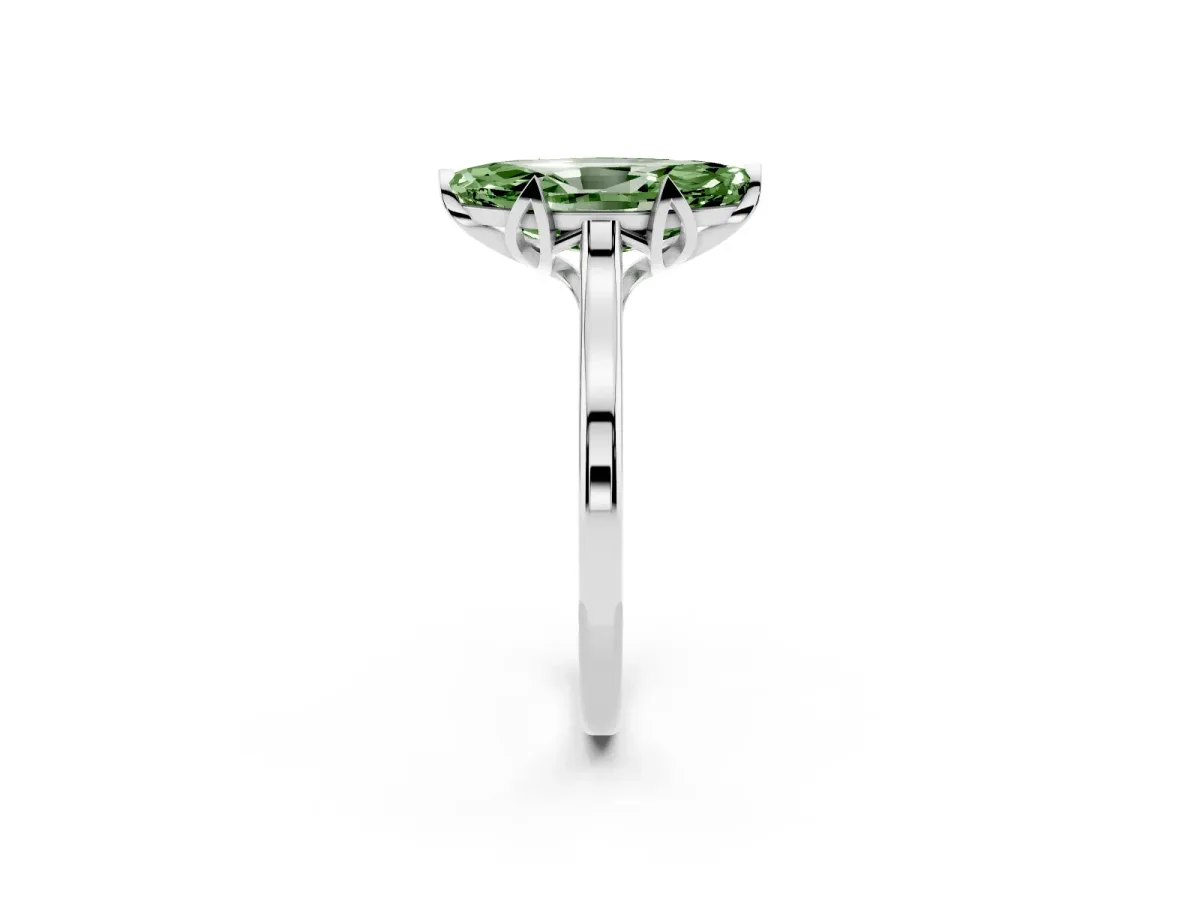 Fancy Green Marquise Cut Diamond Solitaire Ring with Flower Prong Setting and Classic Band Silver