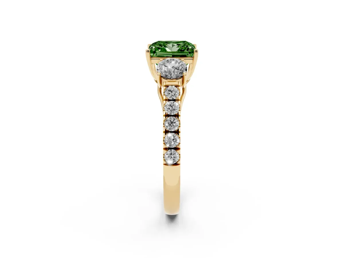 Fancy Green Princess Cut Cut Diamond Three-Stone Ring with Round Side Stones and Pavé Band Yellow gold