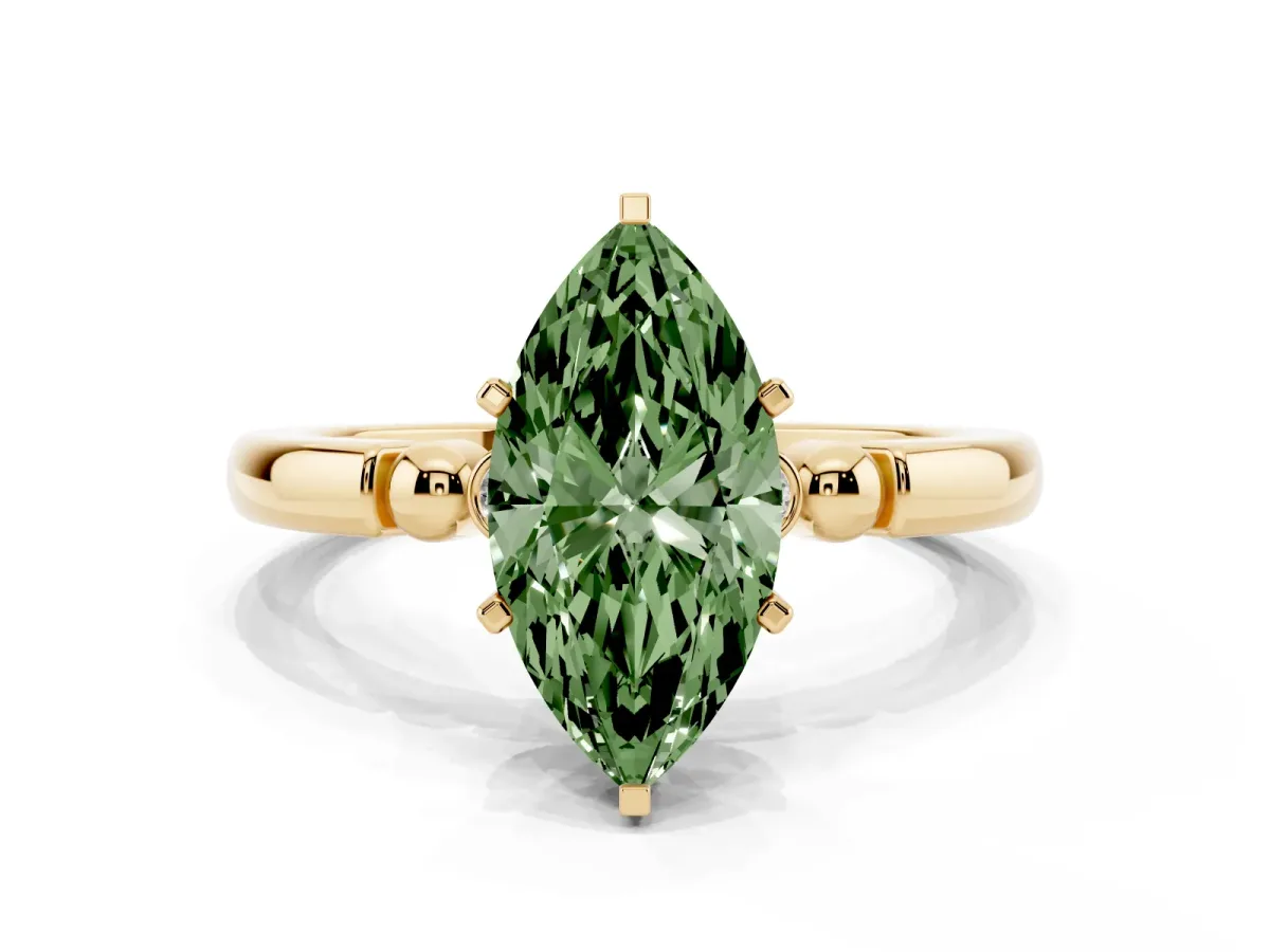 Fancy Green Marquise Cut Solitaire Beaded Band with Four-Prong Setting Yellow gold