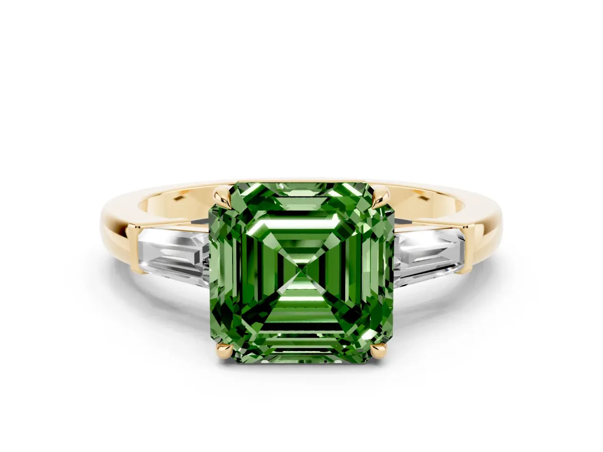 Fancy Green Asscher Cut Diamond Three-Stone Ring with Tapered Baguette Side Stones and Prong Setting Yellow gold