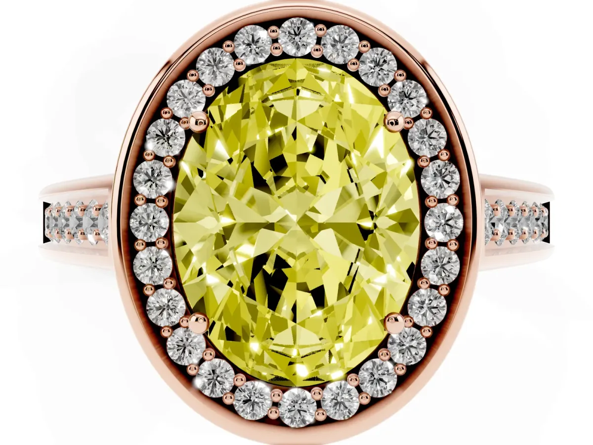 Fancy Yellow Oval Cut Halo Solitaire Diamond Ring with Pave Band and Bezel Setting Rose gold