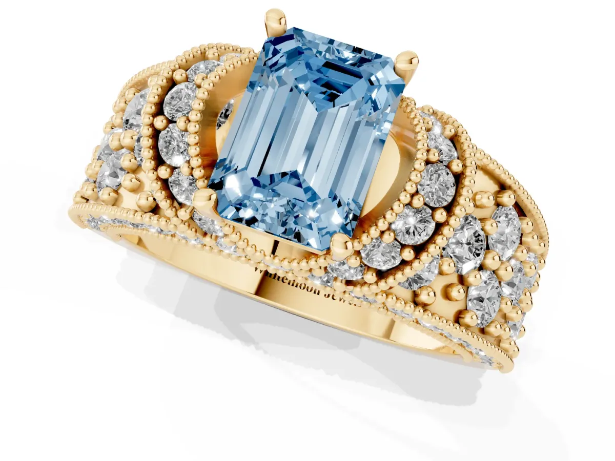 Fancy Blue Emerald Cut Halo Pave Diamond Engagement Ring with Milgrain Detailing Yellow gold