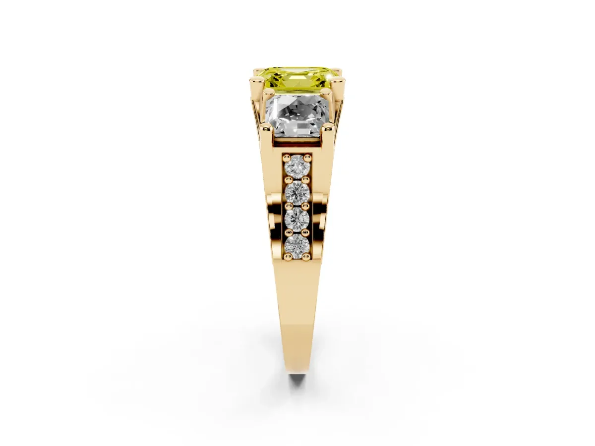 Fancy Yellow Asscher Cut Diamond Three-Stone Ring with Channel Set Band and Four-Prong Setting Yellow gold