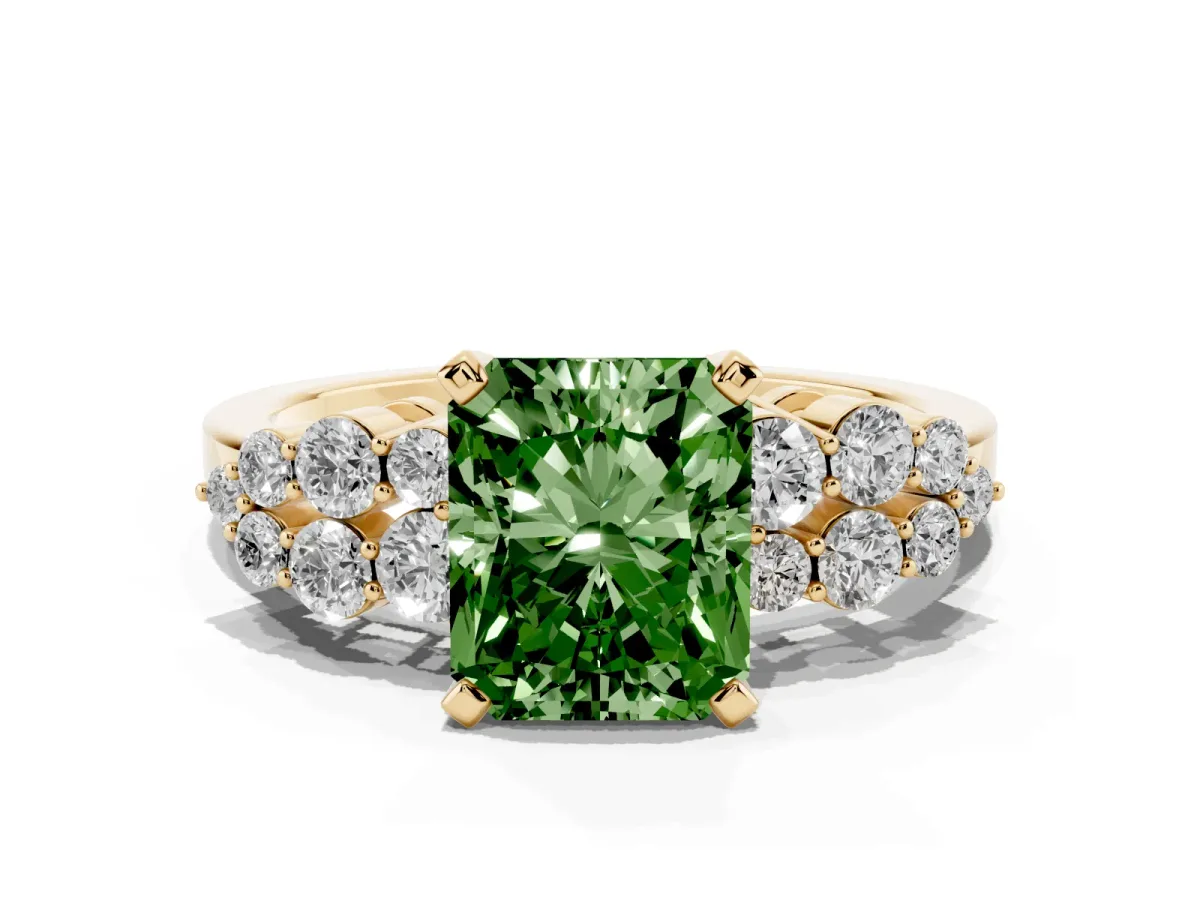Fancy Green Radiant Cut Cluster Diamond Engagement Ring with Pavé Band and Four-Prong Setting Yellow gold