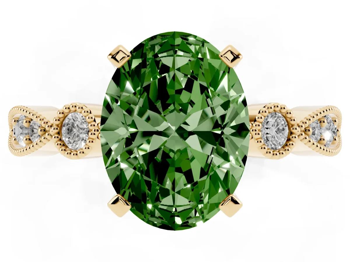 Fancy Green Oval Cut Milgrain Bezel Diamond Engagement Ring with Solitaire Prong Setting Yellow gold