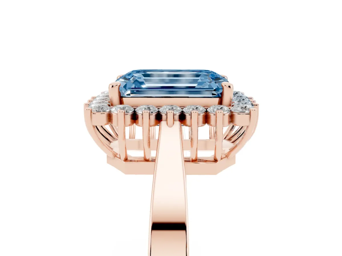 Fancy Blue Emerald Cut Cut Diamond Halo Ring with Round Brilliant Halo and Solitaire Band Rose gold
