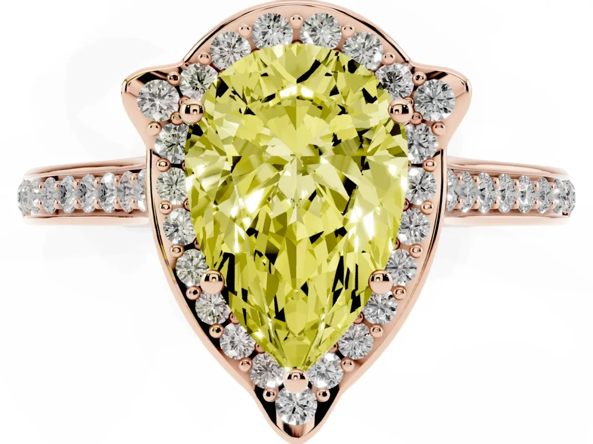 Fancy Yellow Pear Cut Halo Round Diamond Pave Band with Four-Prong Setting Rose gold