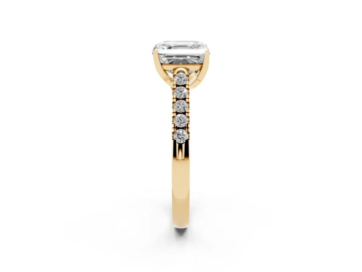 Asscher Cut Diamond Pavé Band Solitaire Ring with Prong Setting Yellow gold