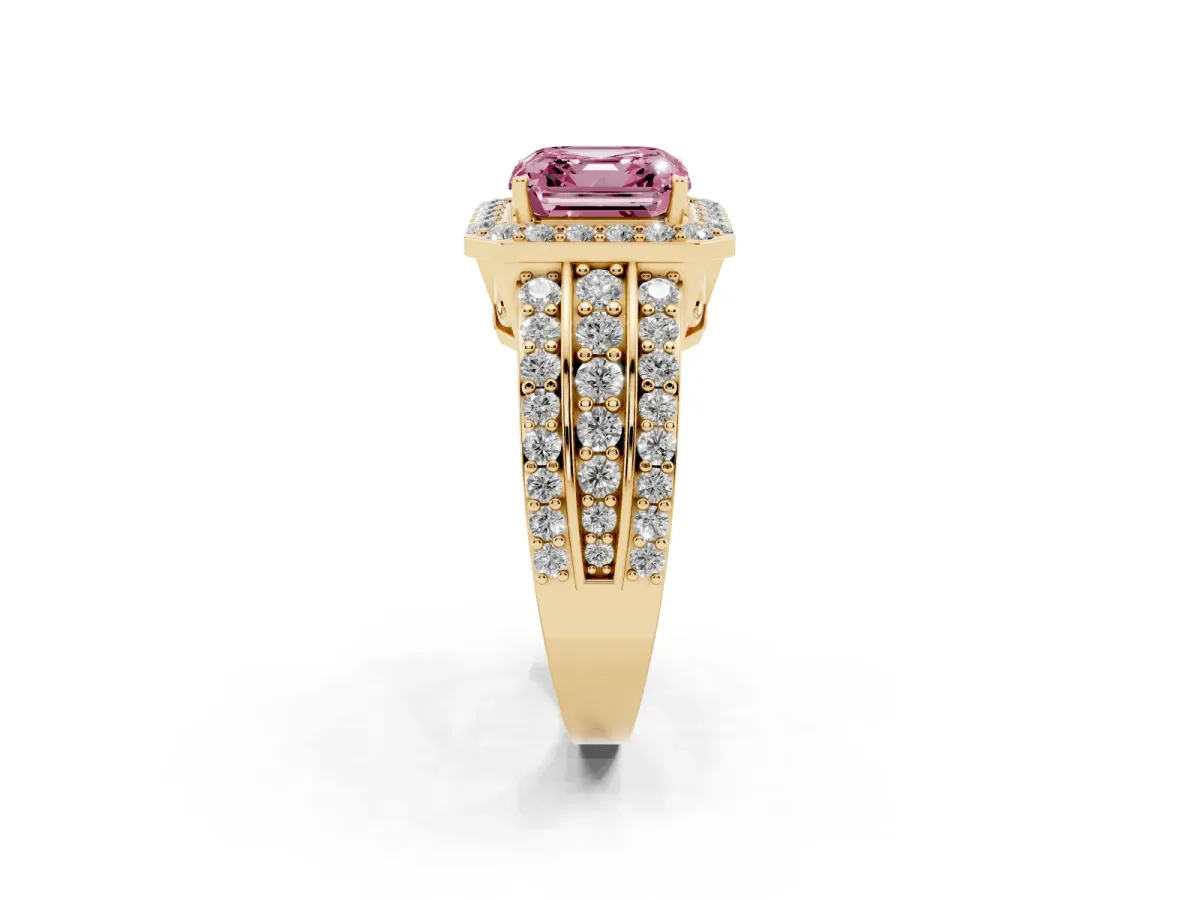 Fancy Pink Asscher Cut Halo Diamond Ring with Round Split Shank and Prong Setting Yellow gold