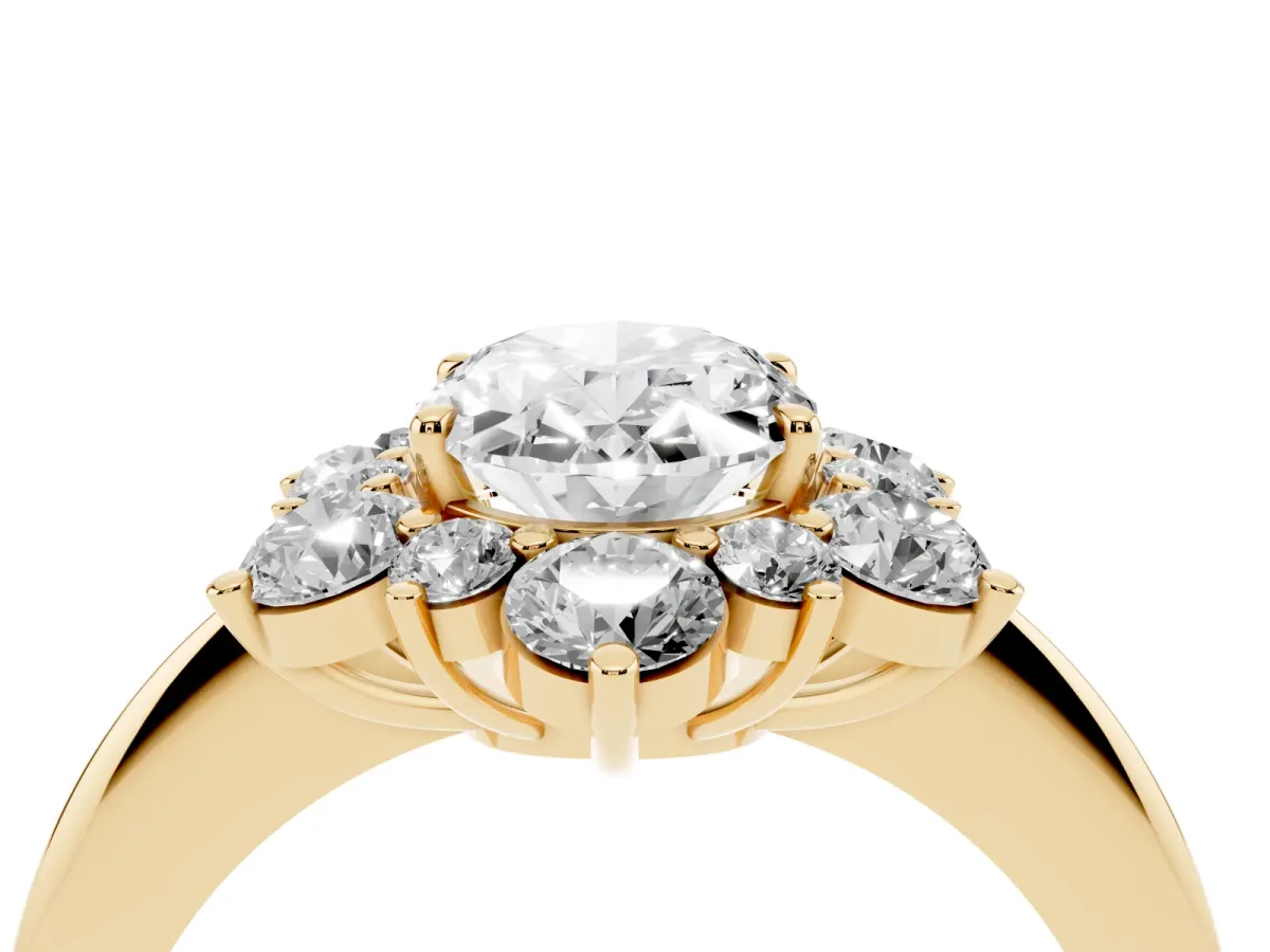 Oval Cut Diamond Cluster Halo Ring with Solitaire Band and Four-Prong Setting Yellow gold