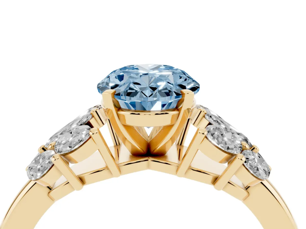 Fancy Blue Oval Cut Diamond Cluster Leaf Design Ring with Prong Setting Yellow gold