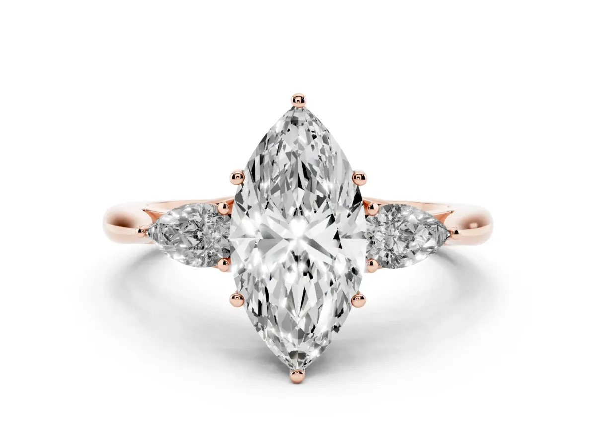 Three-Stone Marquise Cut Brilliant Diamond Solitaire Ring with Tapered Band and Four-Prong Setting Rose gold