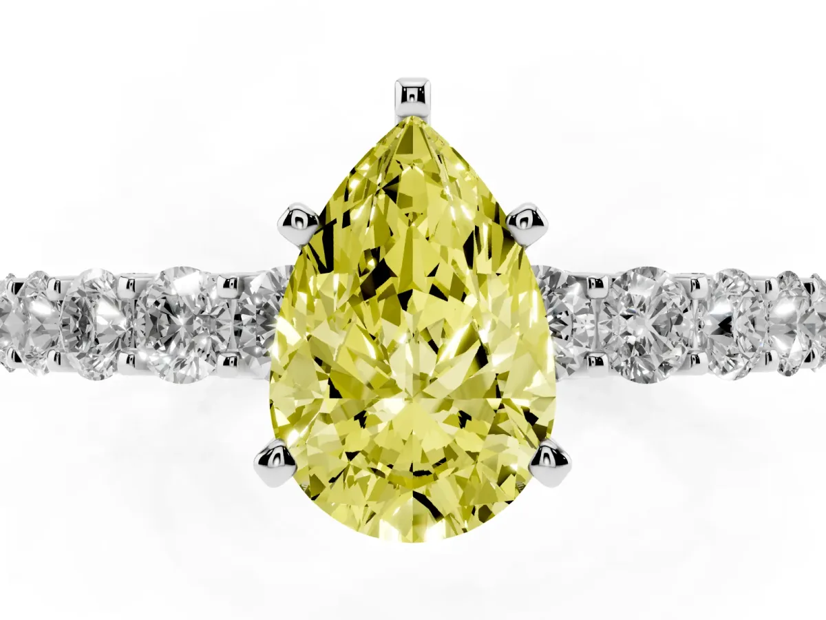 Fancy Yellow Pear Cut Diamond Solitaire Ring with Shared Prong Pavé Band and Four-Prong Setting Silver