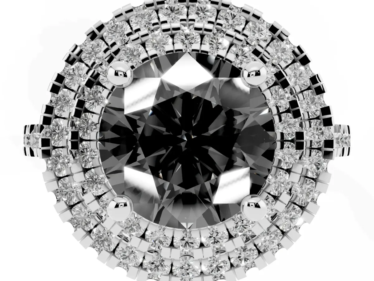 Fancy Black Double Halo Round Cut Diamond Pavé Band with Four-Prong Setting Silver
