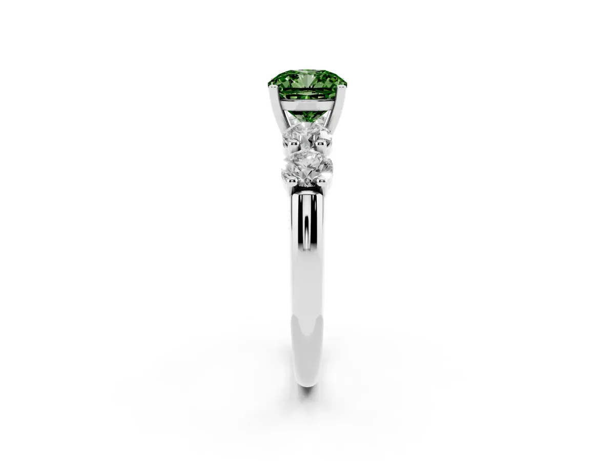 Fancy Green Cushion Cut Cut Five-Stone Prong Set Diamond Ring with Classic Band Silver