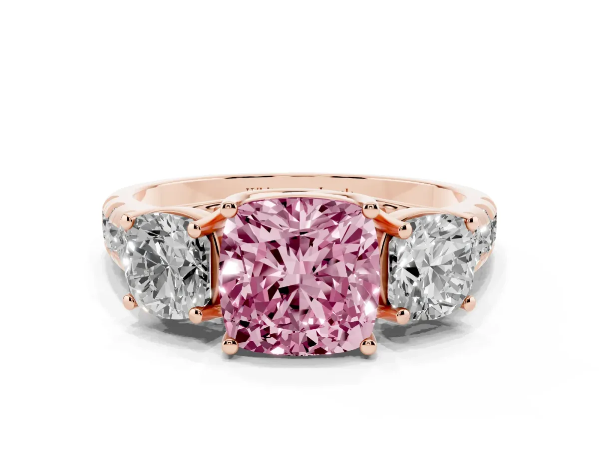 Fancy Pink Three-Stone Cushion Cut Diamond Pavé Band with Prong Setting Rose gold