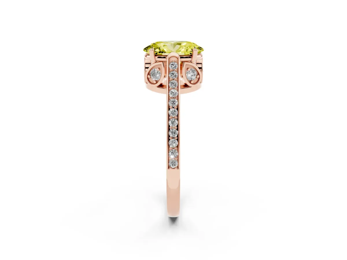 Fancy Yellow Oval Cut Cut Cathedral Pave Diamond Engagement Ring with Six-Prong Setting Rose gold