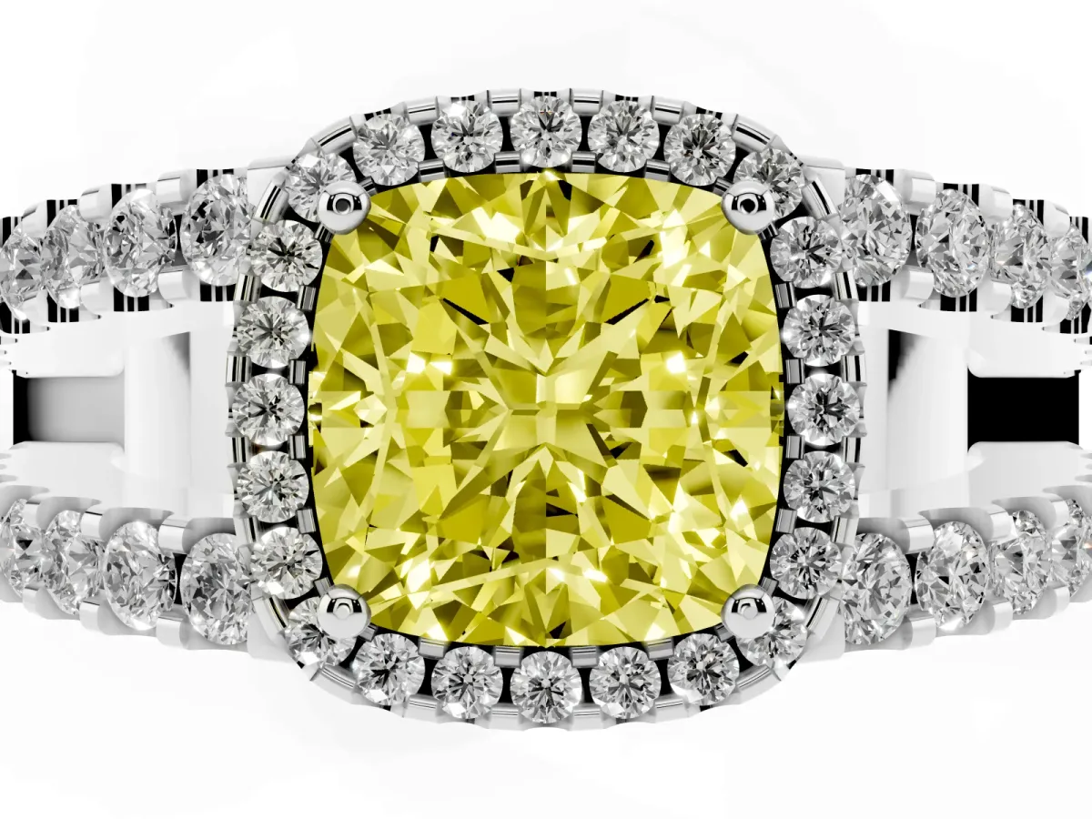 Fancy Yellow Cushion Cut Cut Halo Split Shank Diamond Ring with Four-Prong Setting Platinum